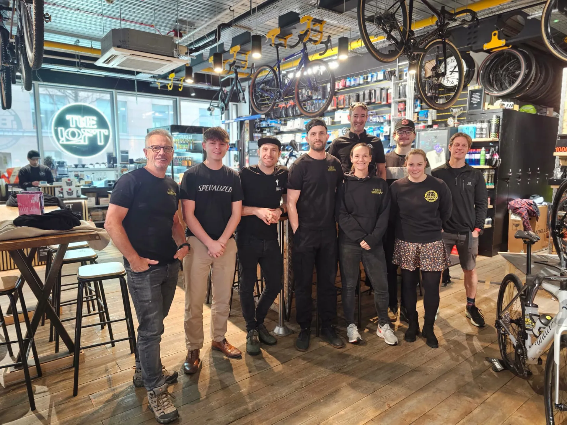 The Big Maggy's team together in our Jersey bike shop and caf&eacute;