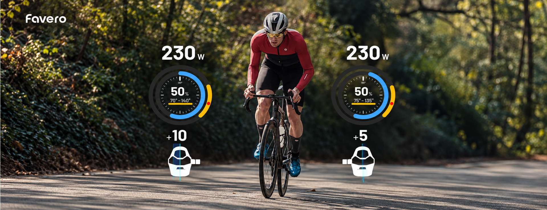 Cyclist riding through sunlit woodland with Favero Assioma power measurement graphics