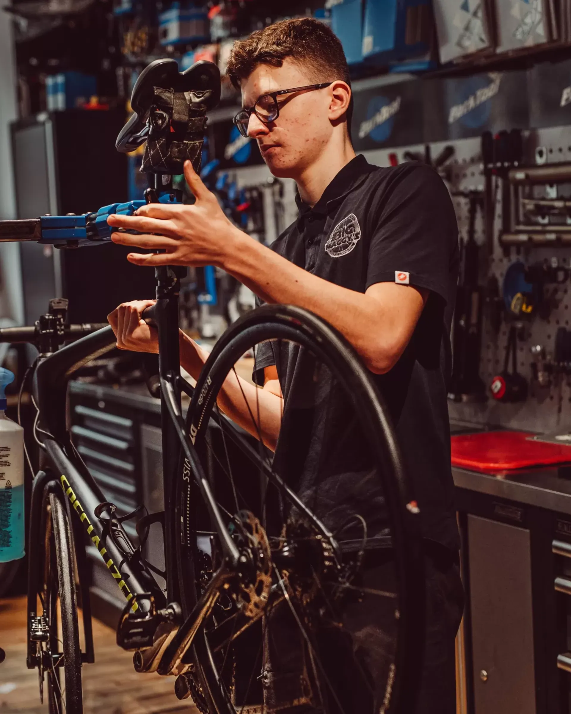A Big Maggy&rsquo;s workshop mechanic preparing a bike for servicing